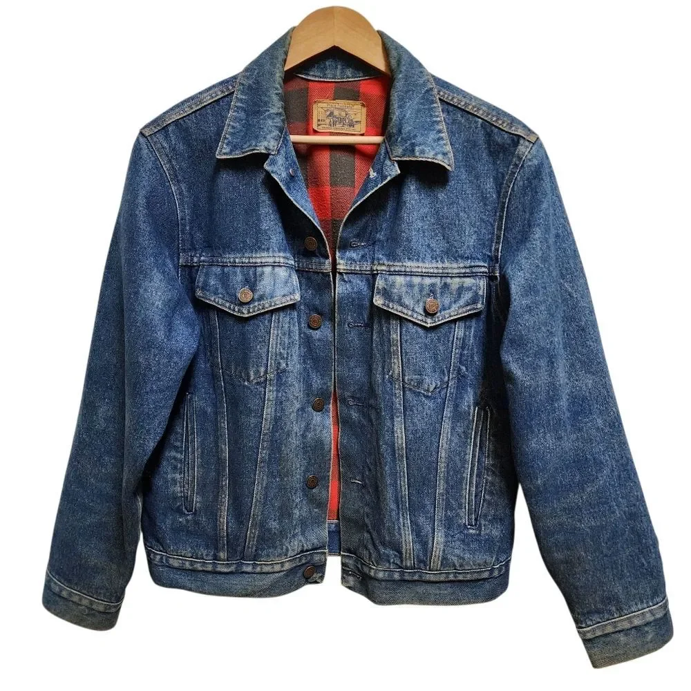 Plain Pocket Blue Denim Jean Jacket Men 40 Buffalo Plaid Lining Trucker Western
